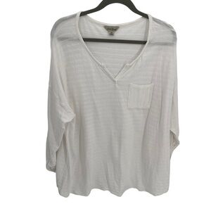 Lucky Brand Monochromatic White Stripe 3X Top Long Roll Tab Sleeves V Neck Women